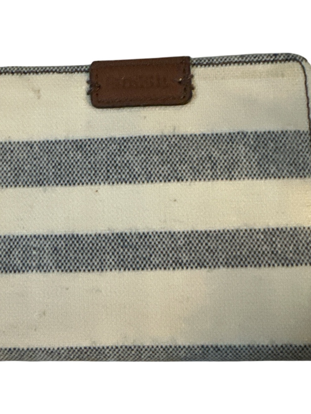 Fossil Cream and Navy Striped Canvas Wallet with Brown Leather Accent like new